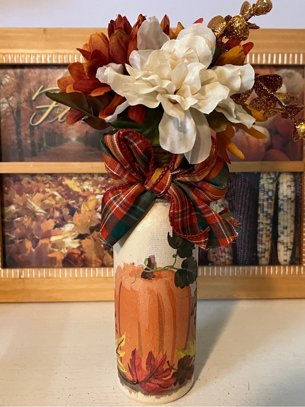 Fall Harvest Pumpkin Bottle Vase with Ivory Floral Accent